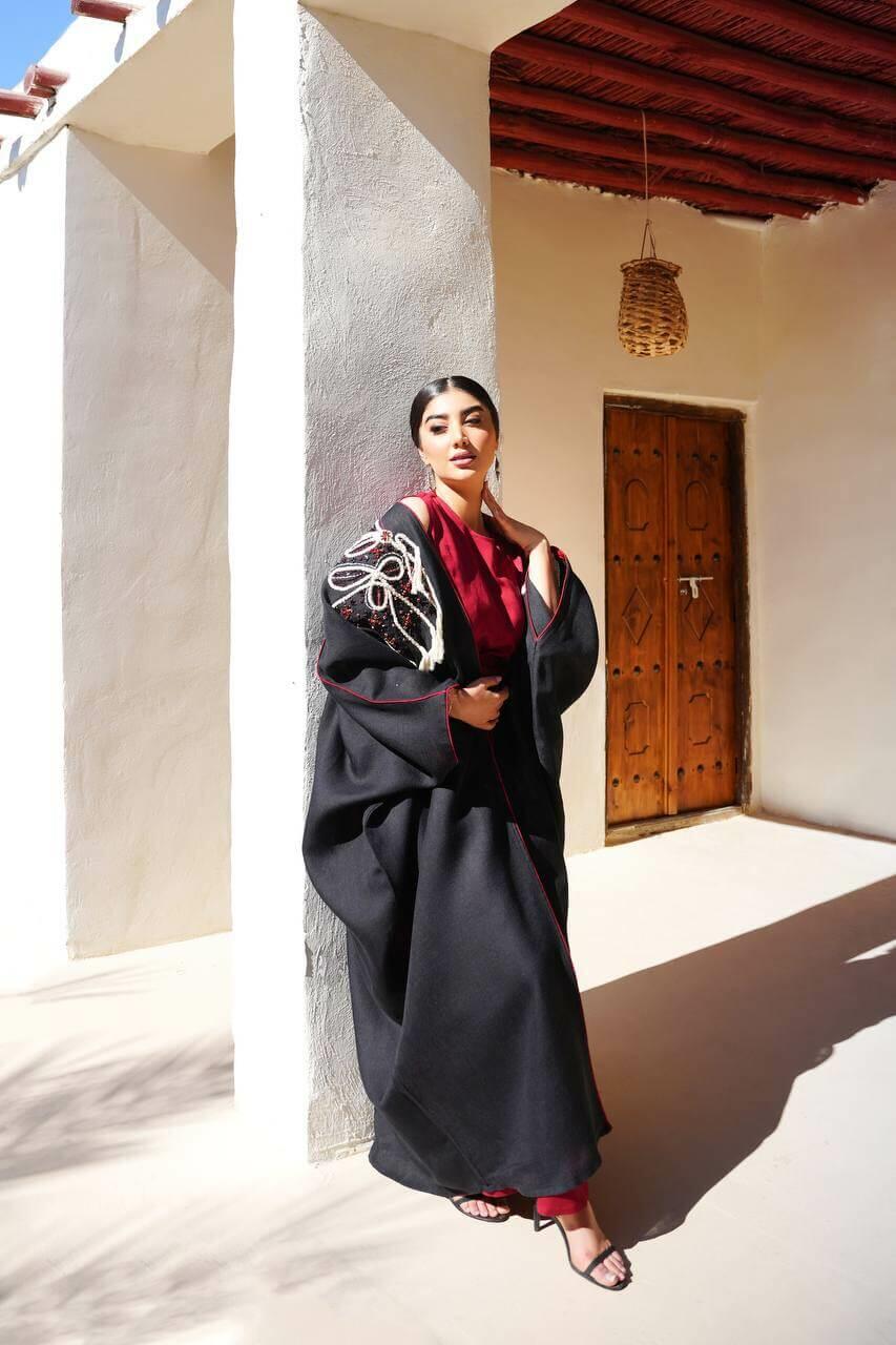 Black burlap abaya with embroidery