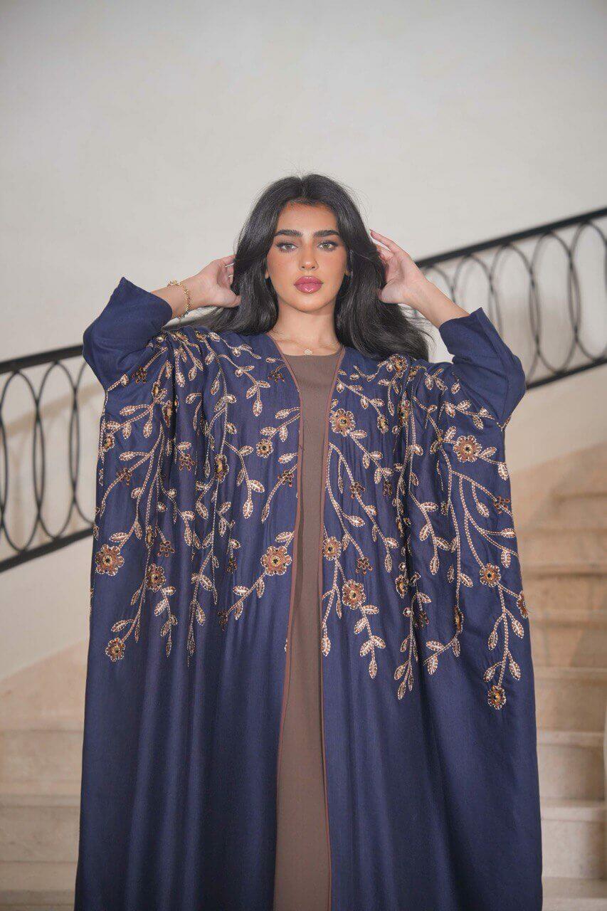 Navy linen bisht with embroidery