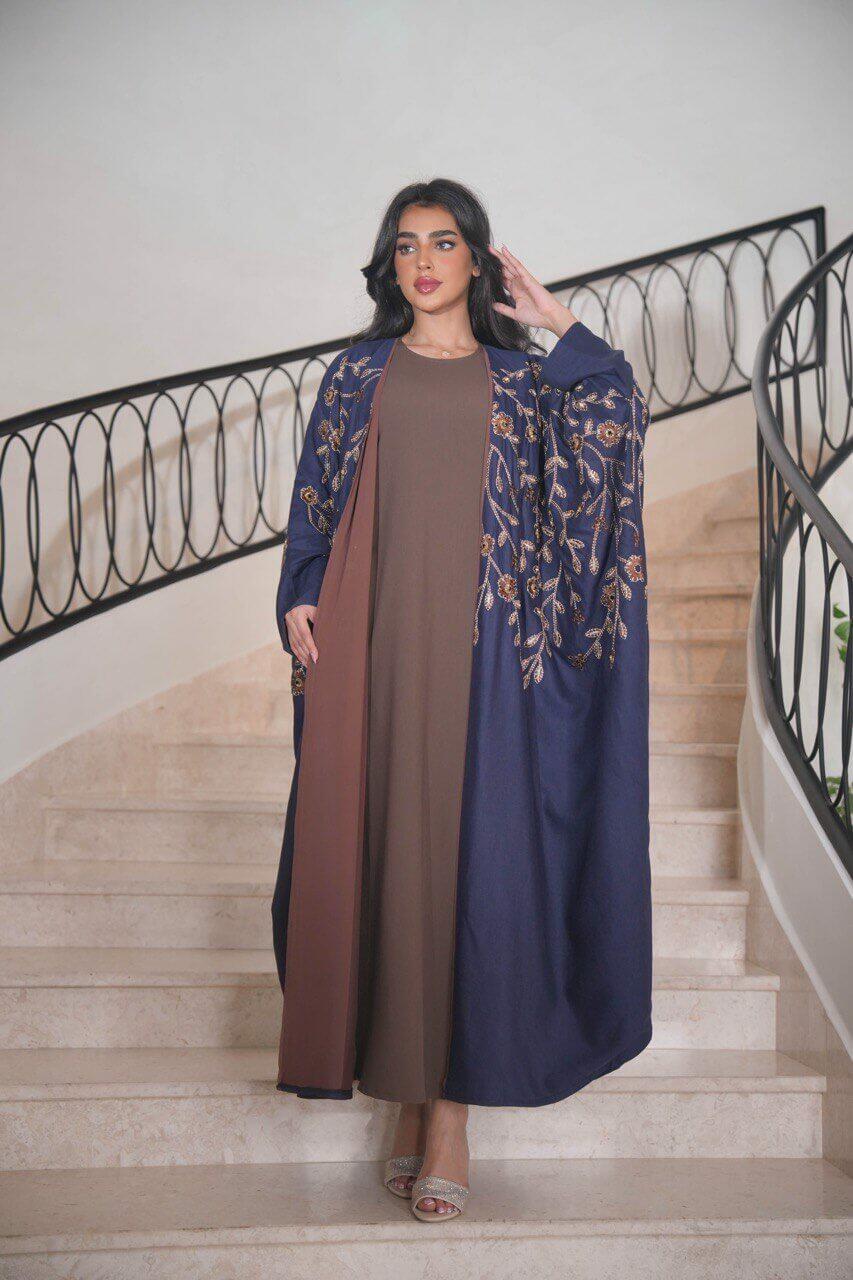 Navy linen bisht with embroidery