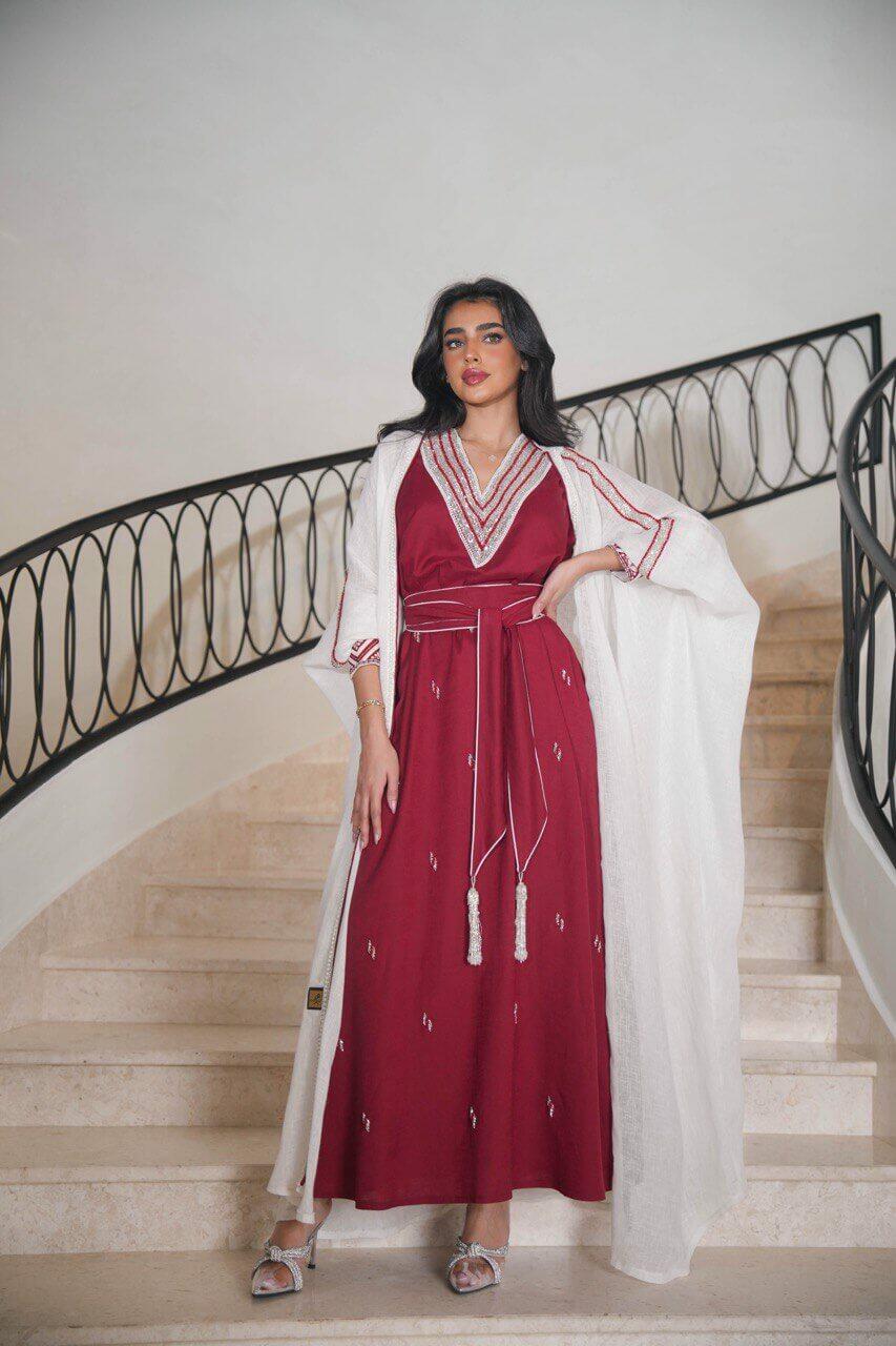 White burlap bisht with burgundy linen dress