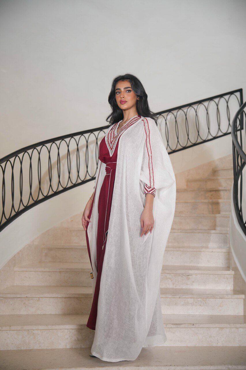 White burlap bisht with burgundy linen dress