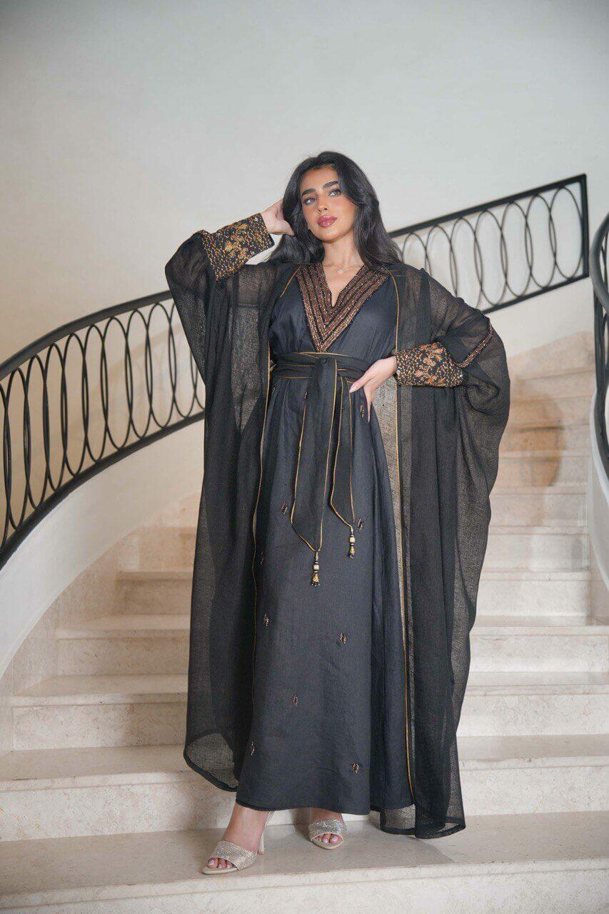 Black burlap bisht with black linen dress