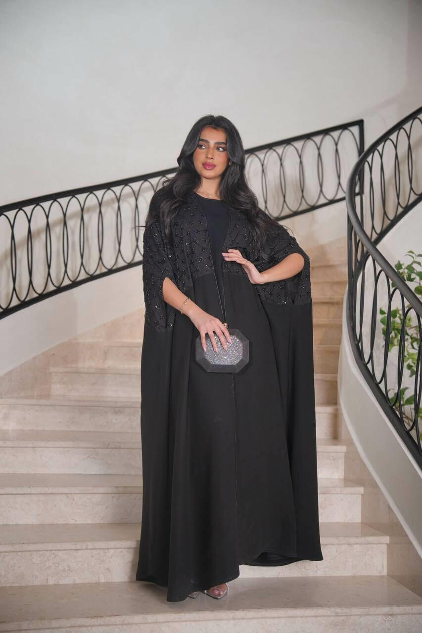 Black linen daraa with hand embroidery with raw crepe fusion