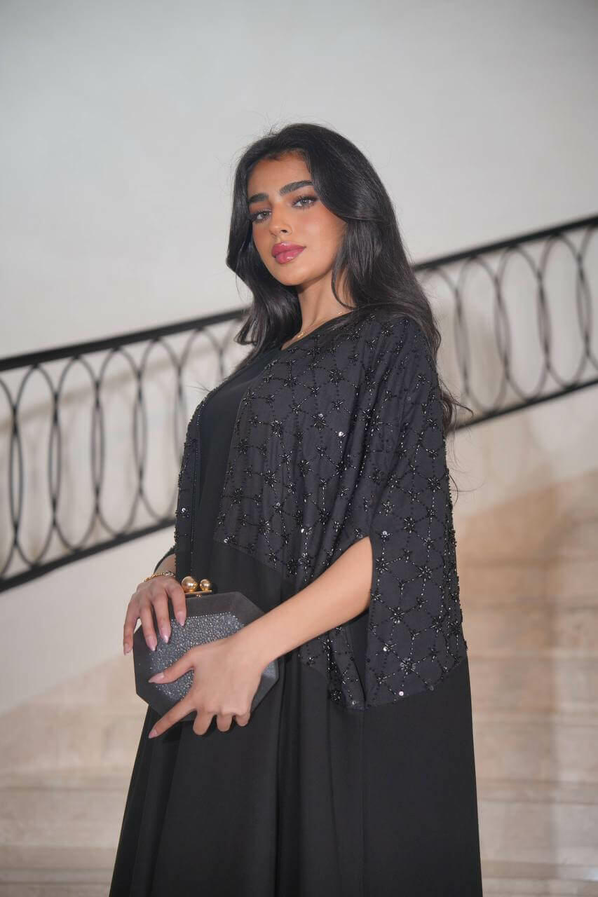 Black linen daraa with hand embroidery with raw crepe fusion