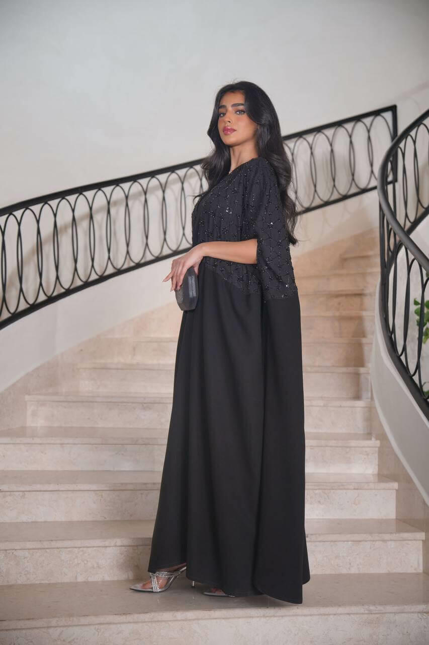 Black linen daraa with hand embroidery with raw crepe fusion