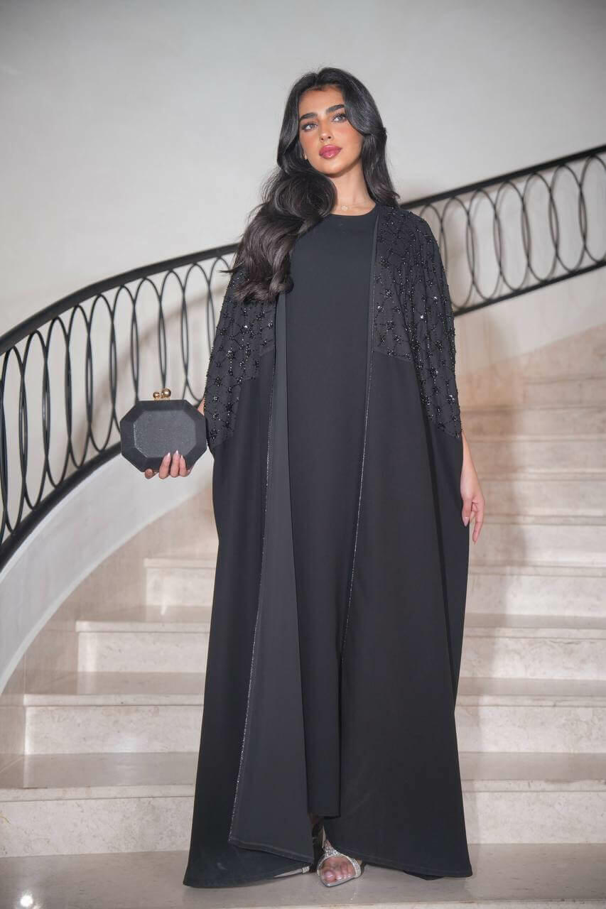 Black linen daraa with hand embroidery with raw crepe fusion