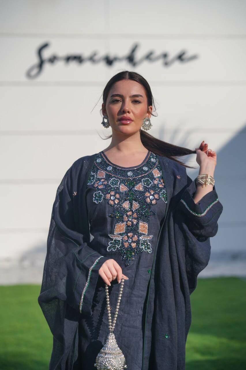Navy hessian bisht and navy linen dress