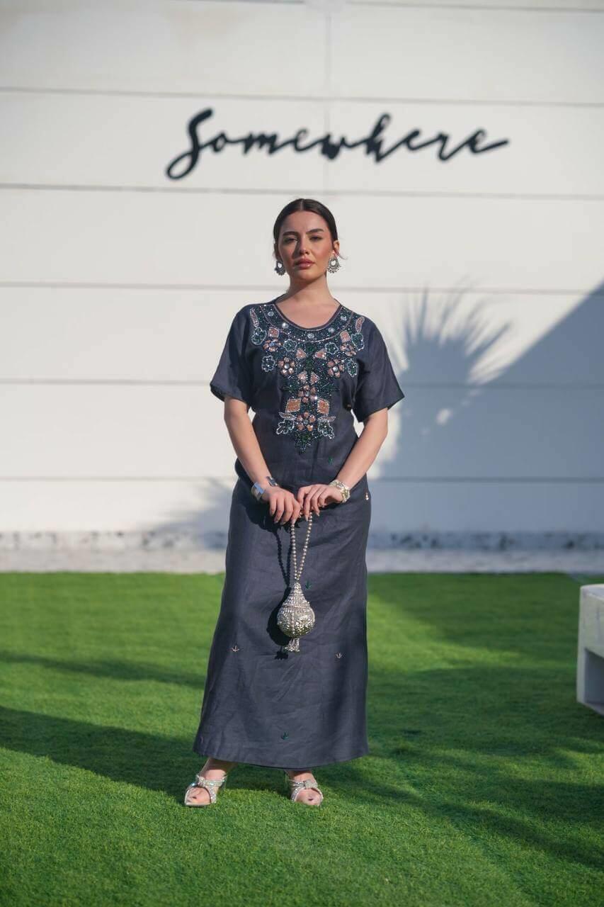 Navy hessian bisht and navy linen dress