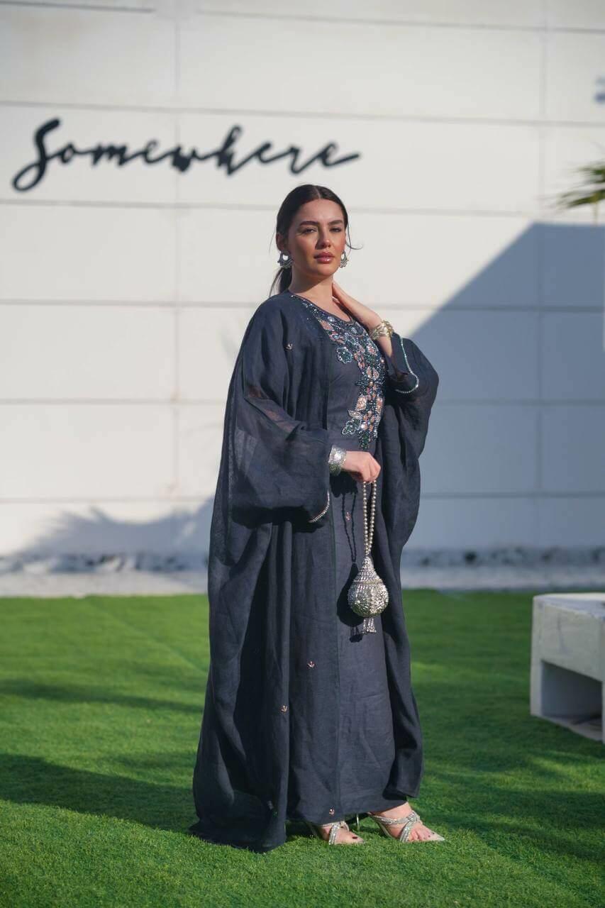 Navy hessian bisht and navy linen dress
