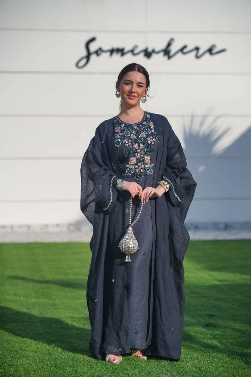 Navy hessian bisht and navy linen dress