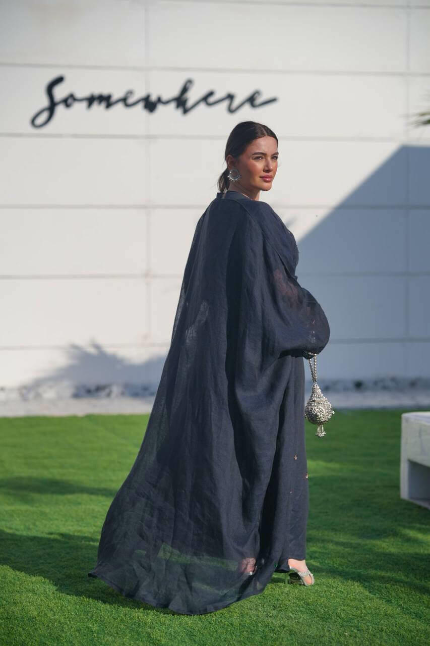 Navy hessian bisht and navy linen dress