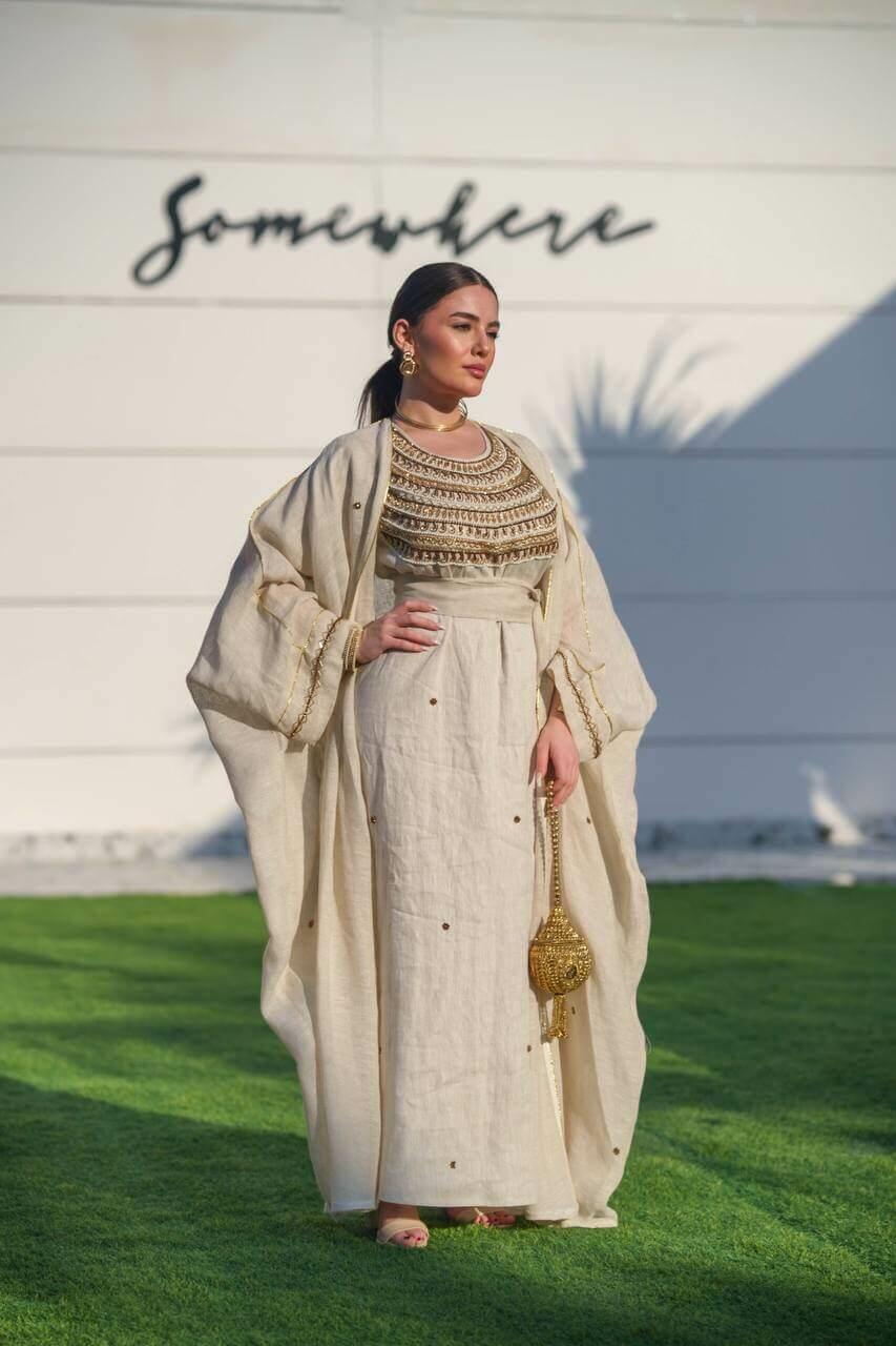 Beige hessian bisht and beige linen dress with handmade sash