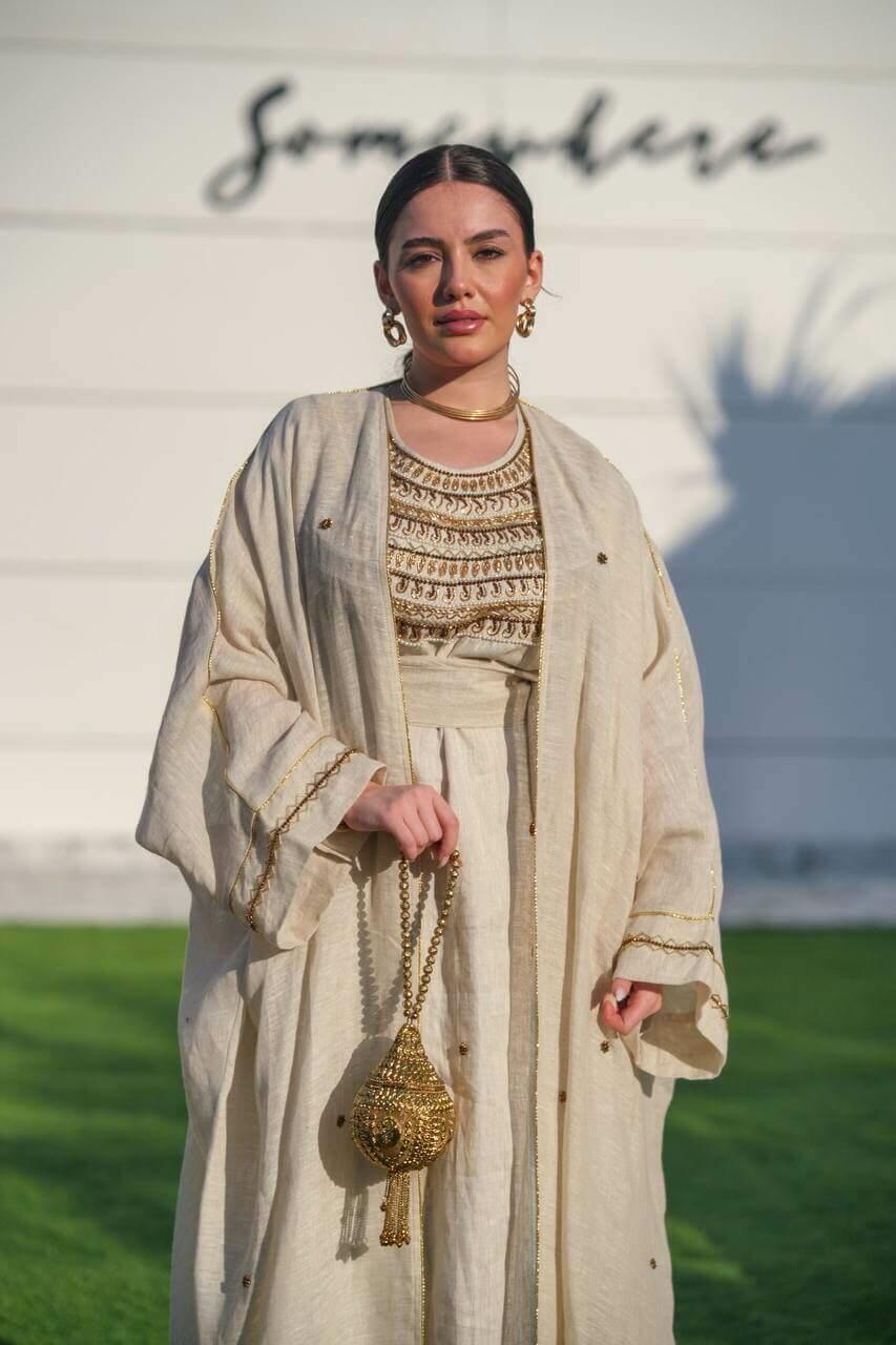 Beige hessian bisht and beige linen dress with handmade sash