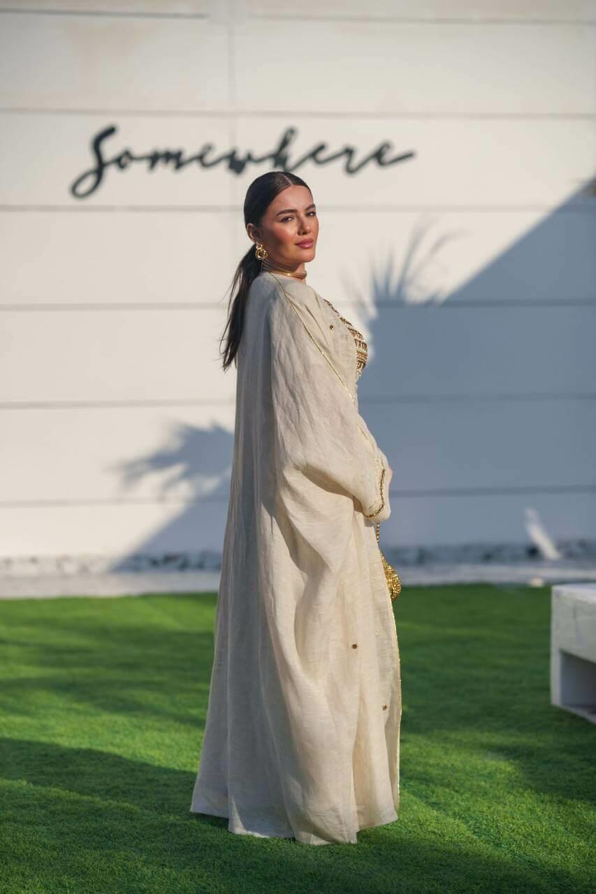 Beige hessian bisht and beige linen dress with handmade sash