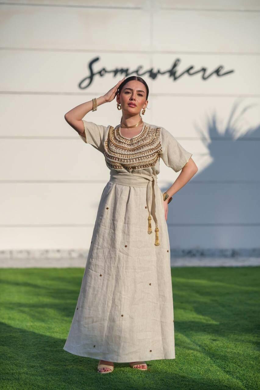 Beige hessian bisht and beige linen dress with handmade sash
