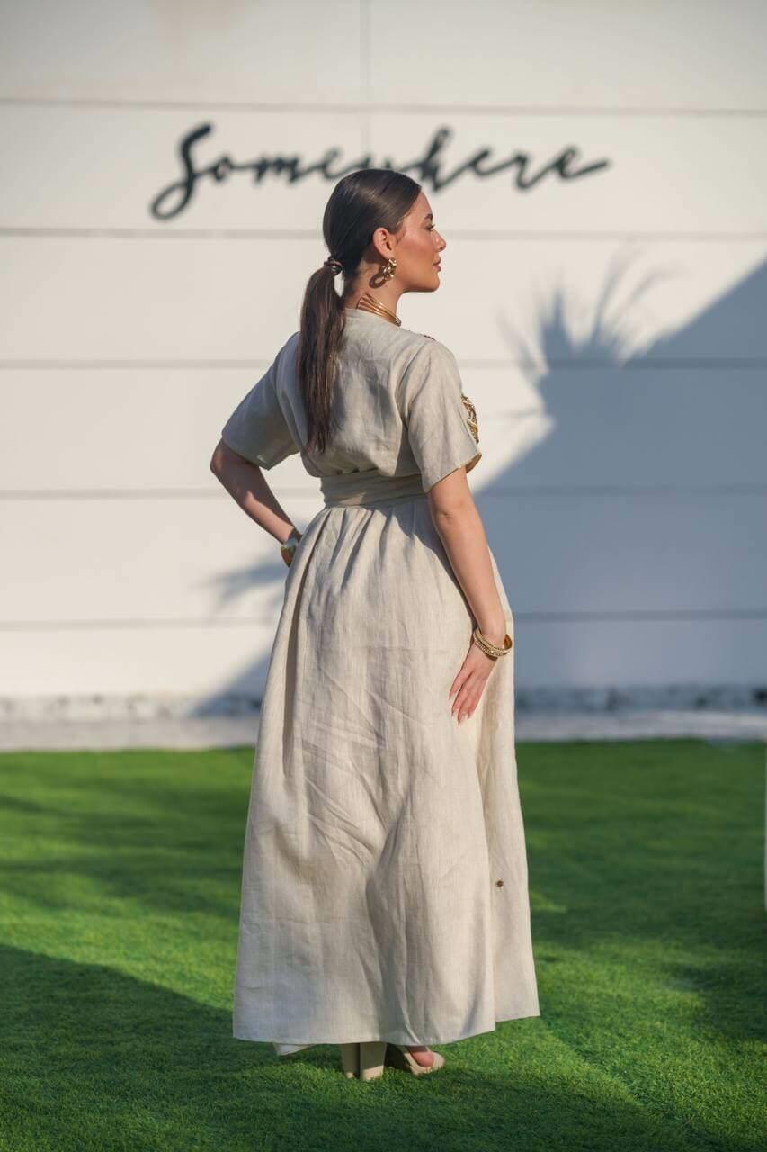 Beige hessian bisht and beige linen dress with handmade sash