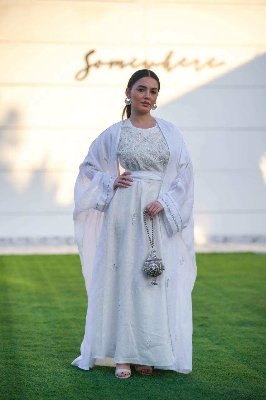 White hessian bisht and white linen dress with handmade sash