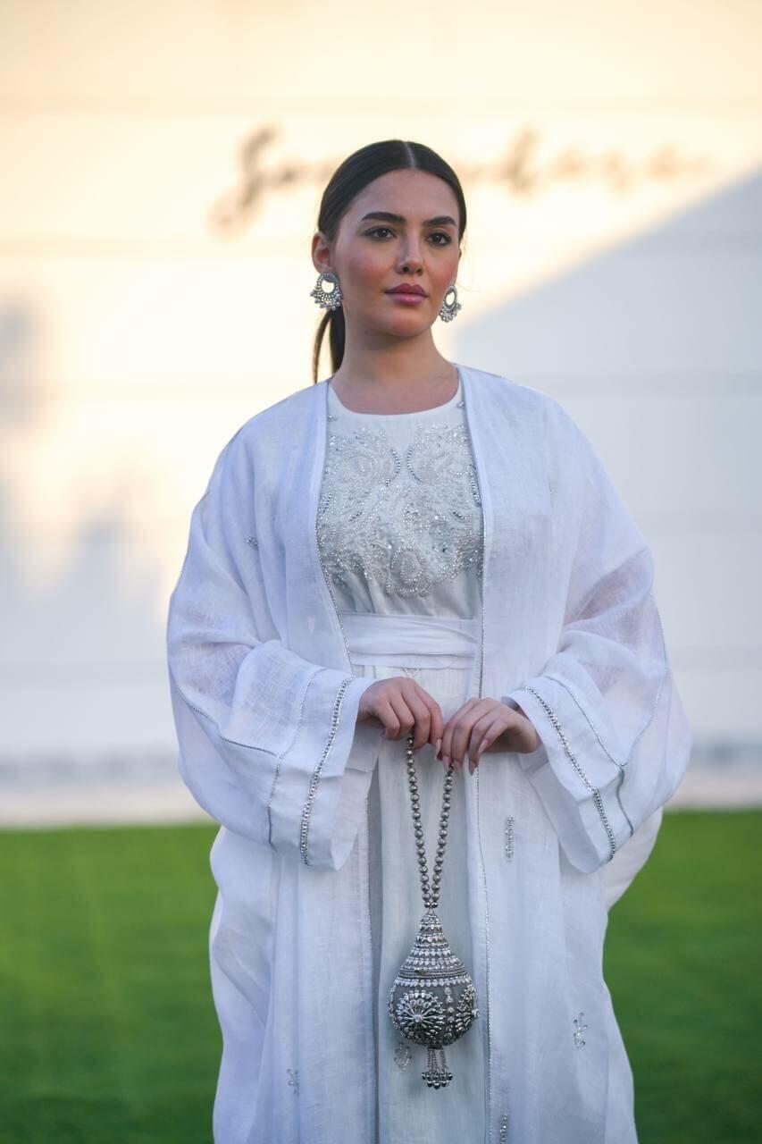 White hessian bisht and white linen dress with handmade sash