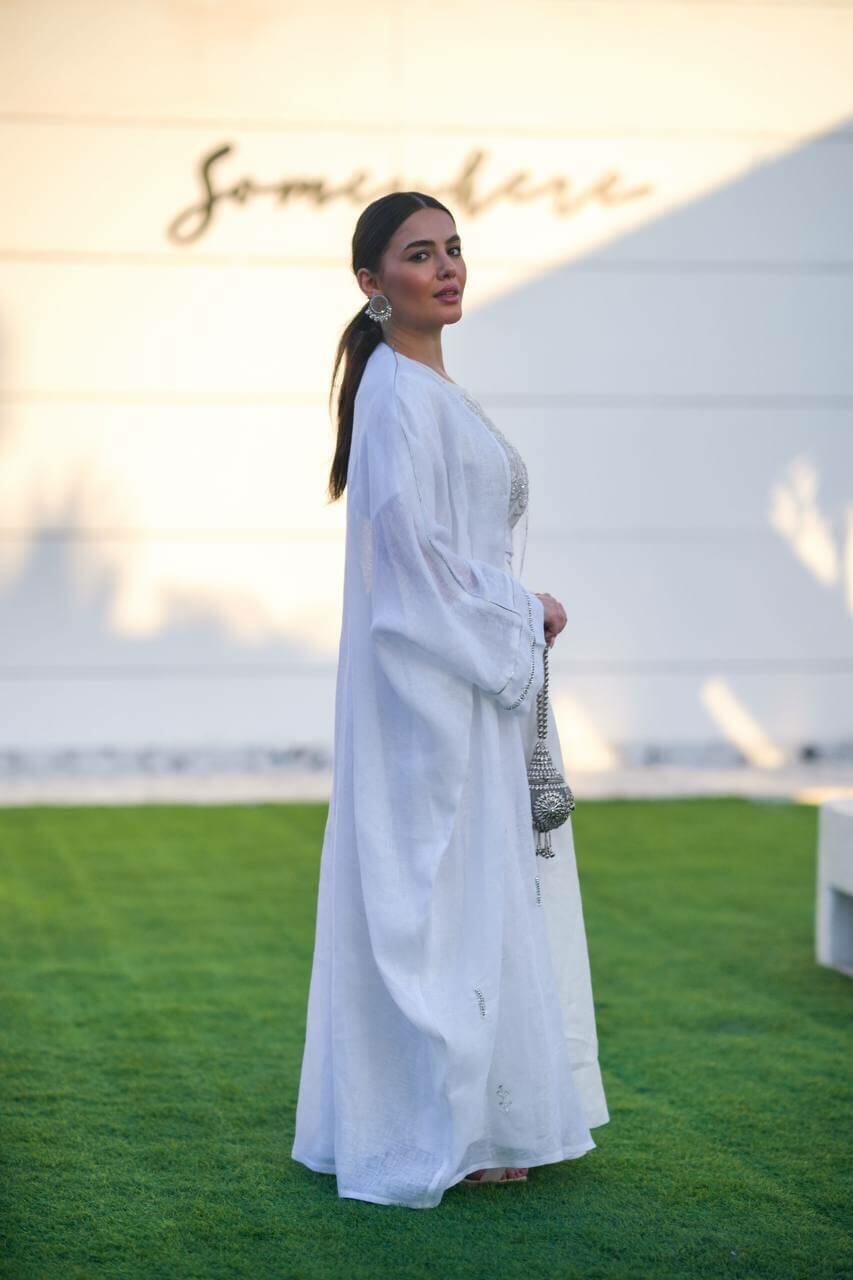 White hessian bisht and white linen dress with handmade sash