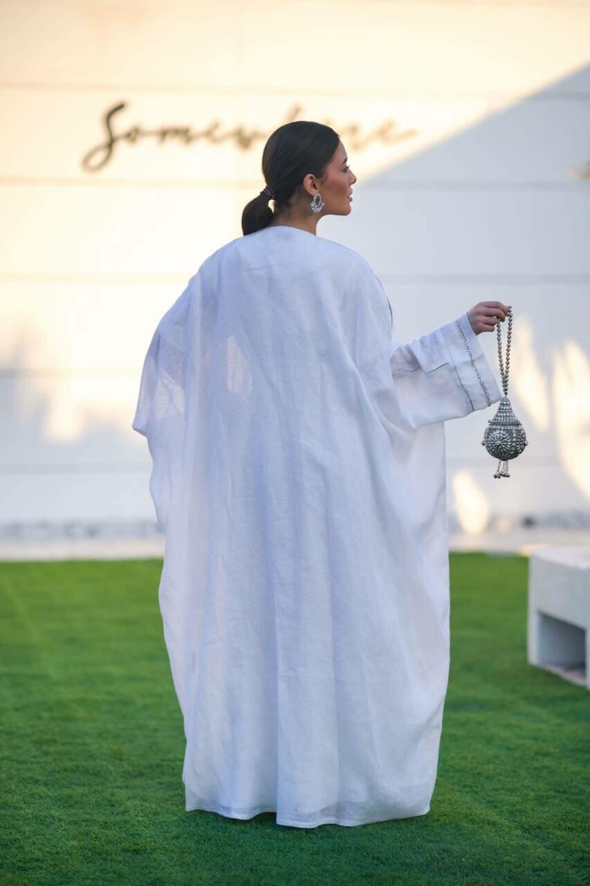 White hessian bisht and white linen dress with handmade sash