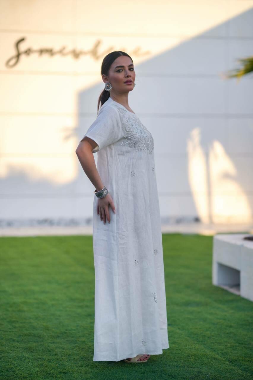 White hessian bisht and white linen dress with handmade sash