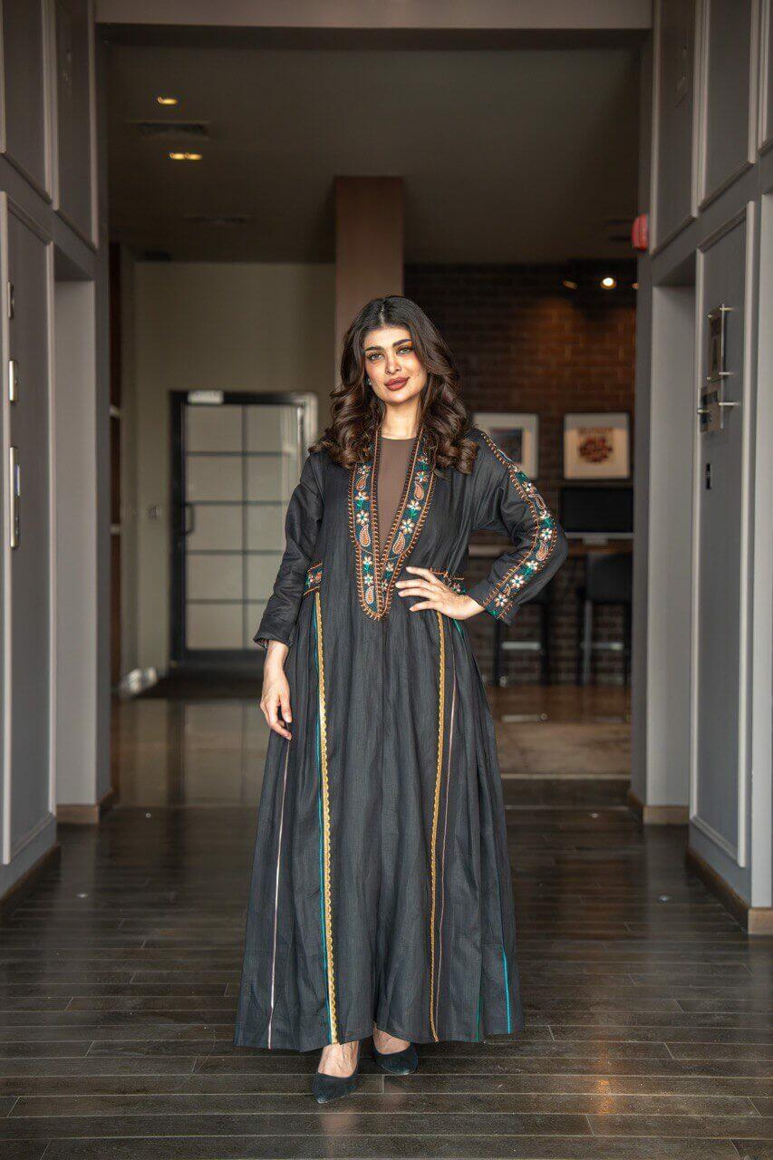 Black linen abaya with embroidery