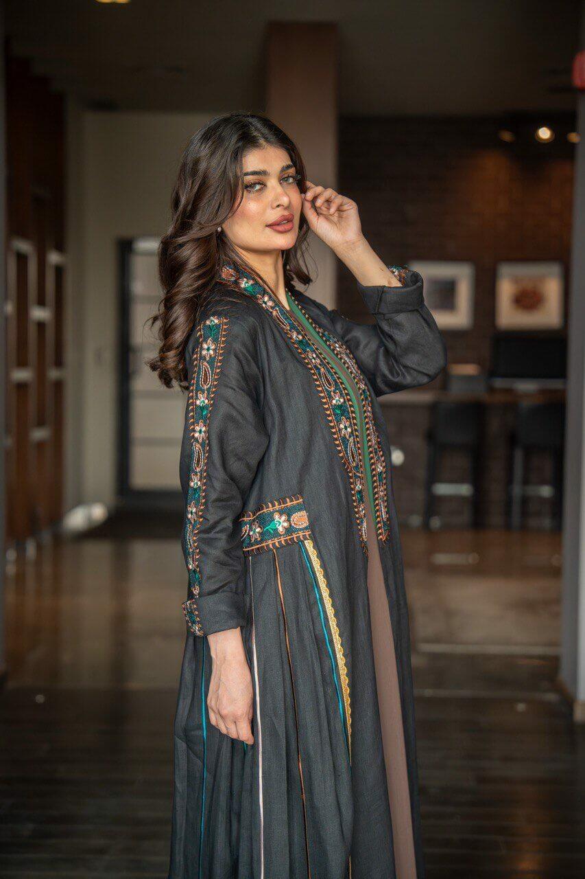 Black linen abaya with embroidery