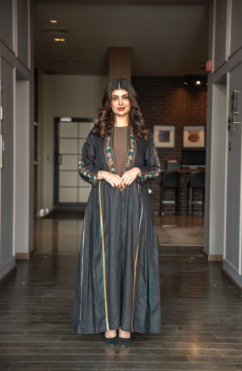 Black linen abaya with embroidery