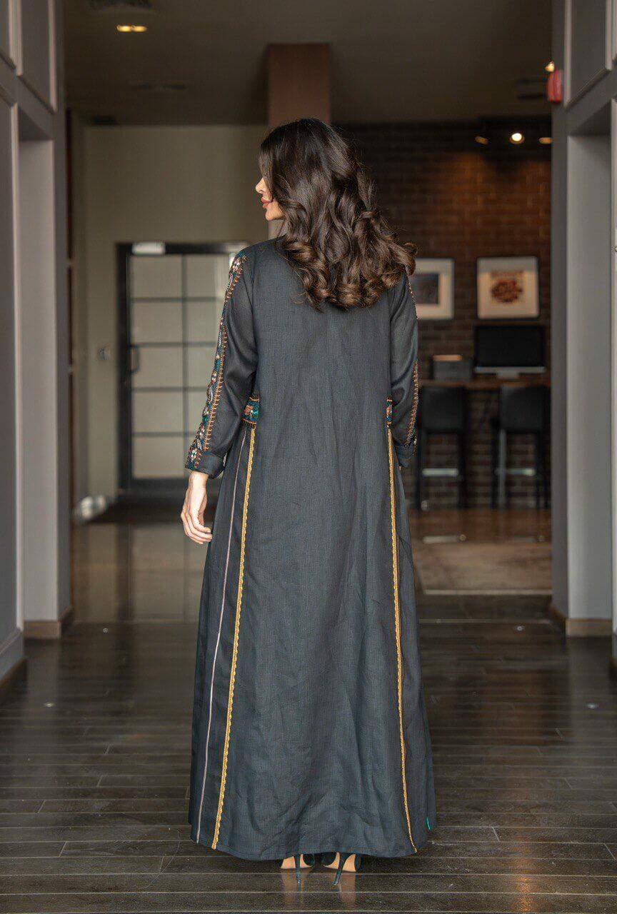 Black linen abaya with embroidery