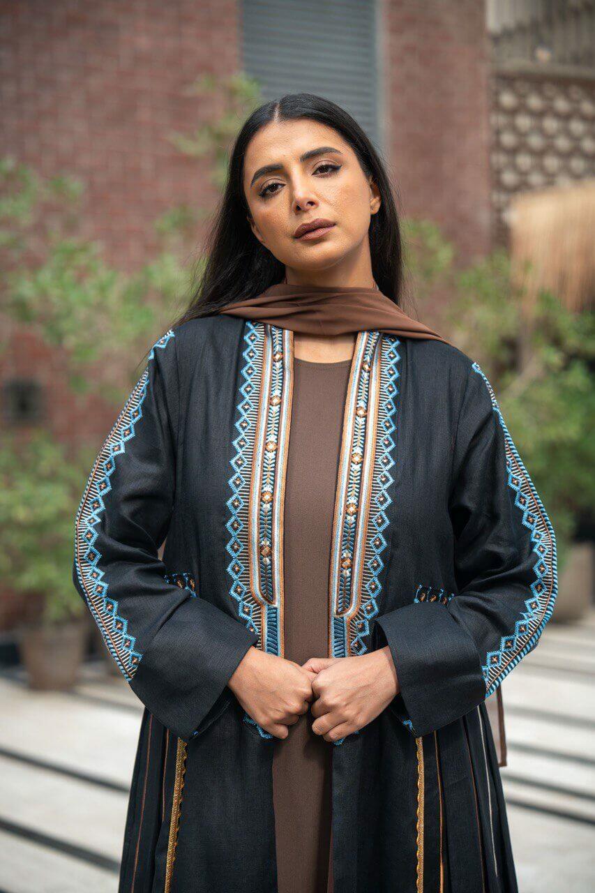 Black linen abaya with embroidery.