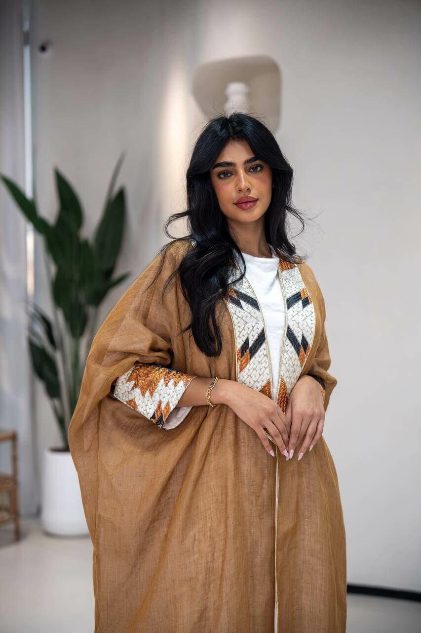 Camel burlap bisht abaya with embroidery-free size