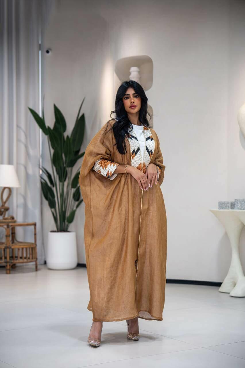 Camel burlap bisht abaya with embroidery-free size
