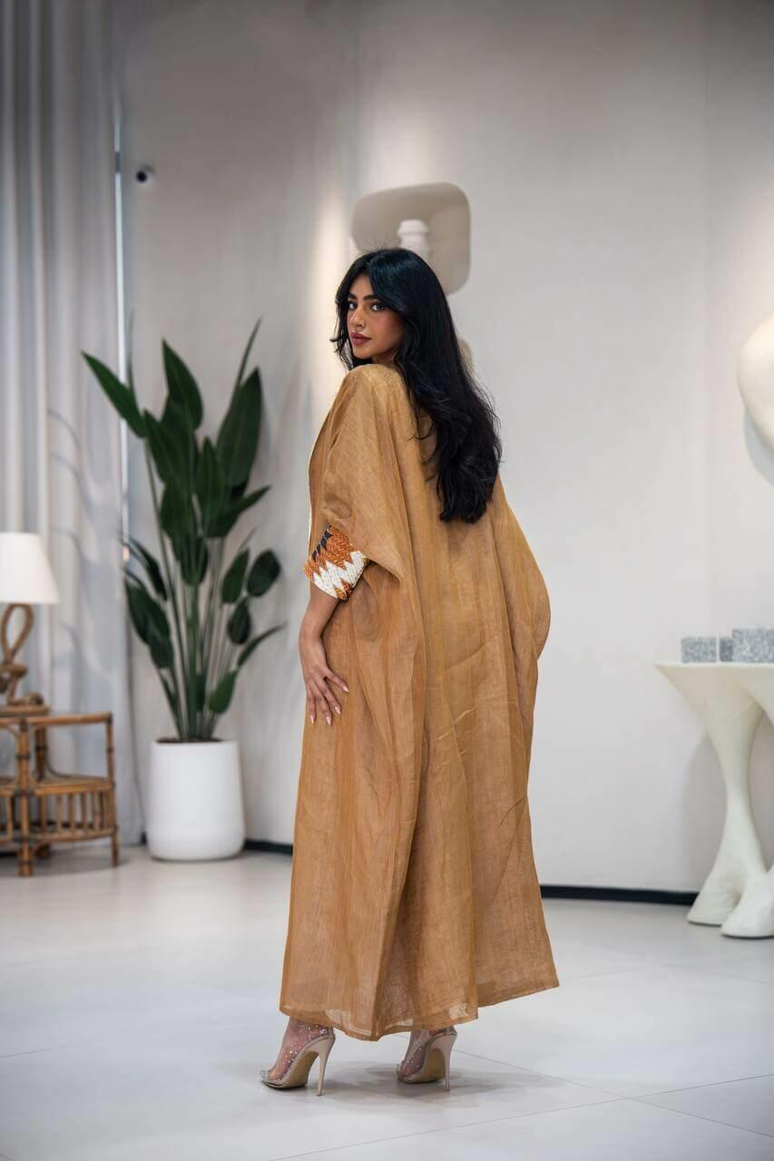 Camel burlap bisht abaya with embroidery-free size