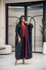 Black linen abaya  lined in burgundy with embroidery