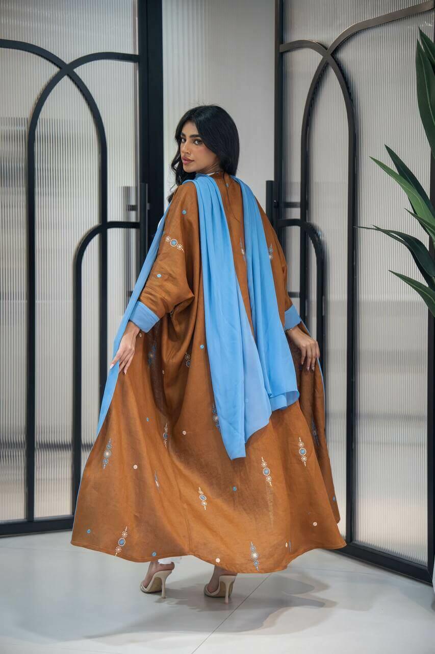 Camel linen bisht abaya with embroidery-free size
