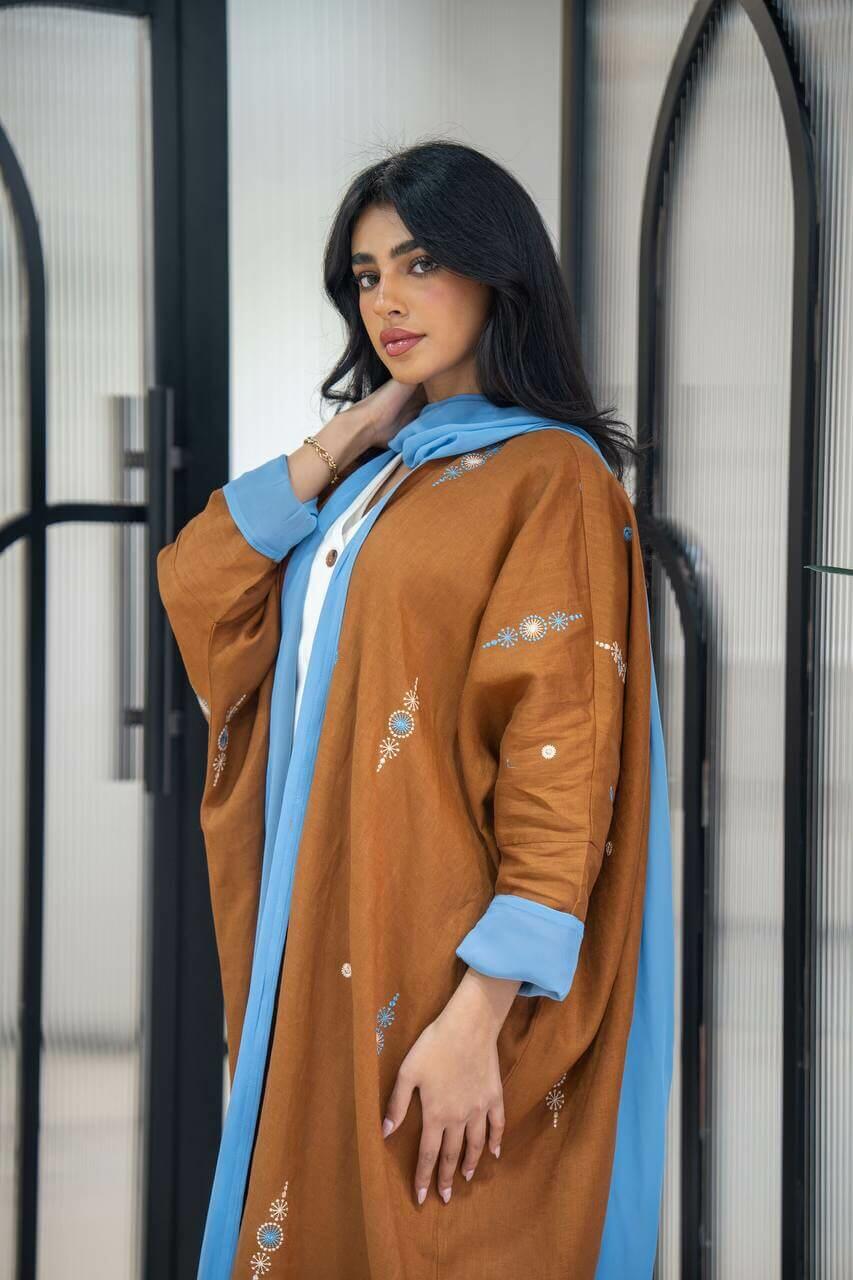 Camel linen bisht abaya with embroidery-free size