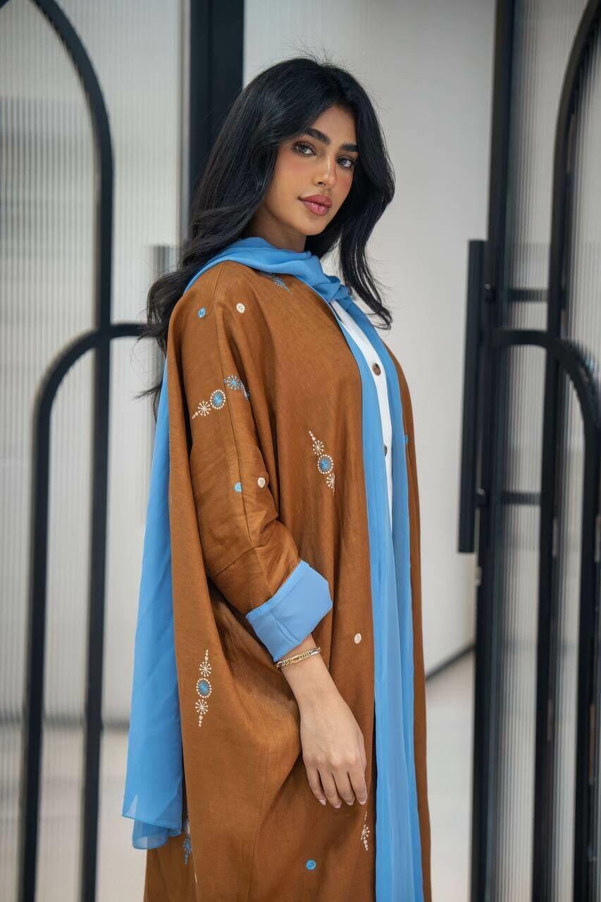 Camel linen bisht abaya with embroidery-free size