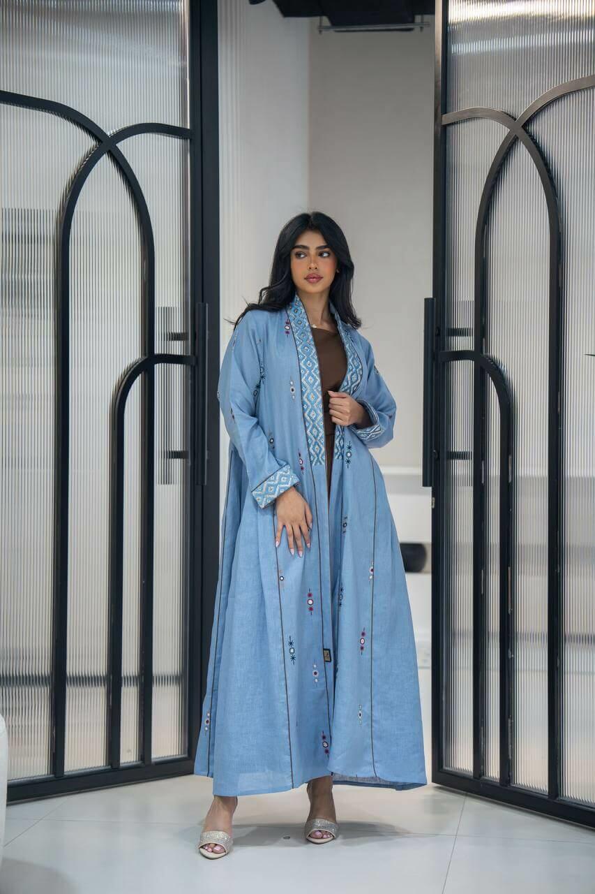 Sky blue linen abaya with embroidery
