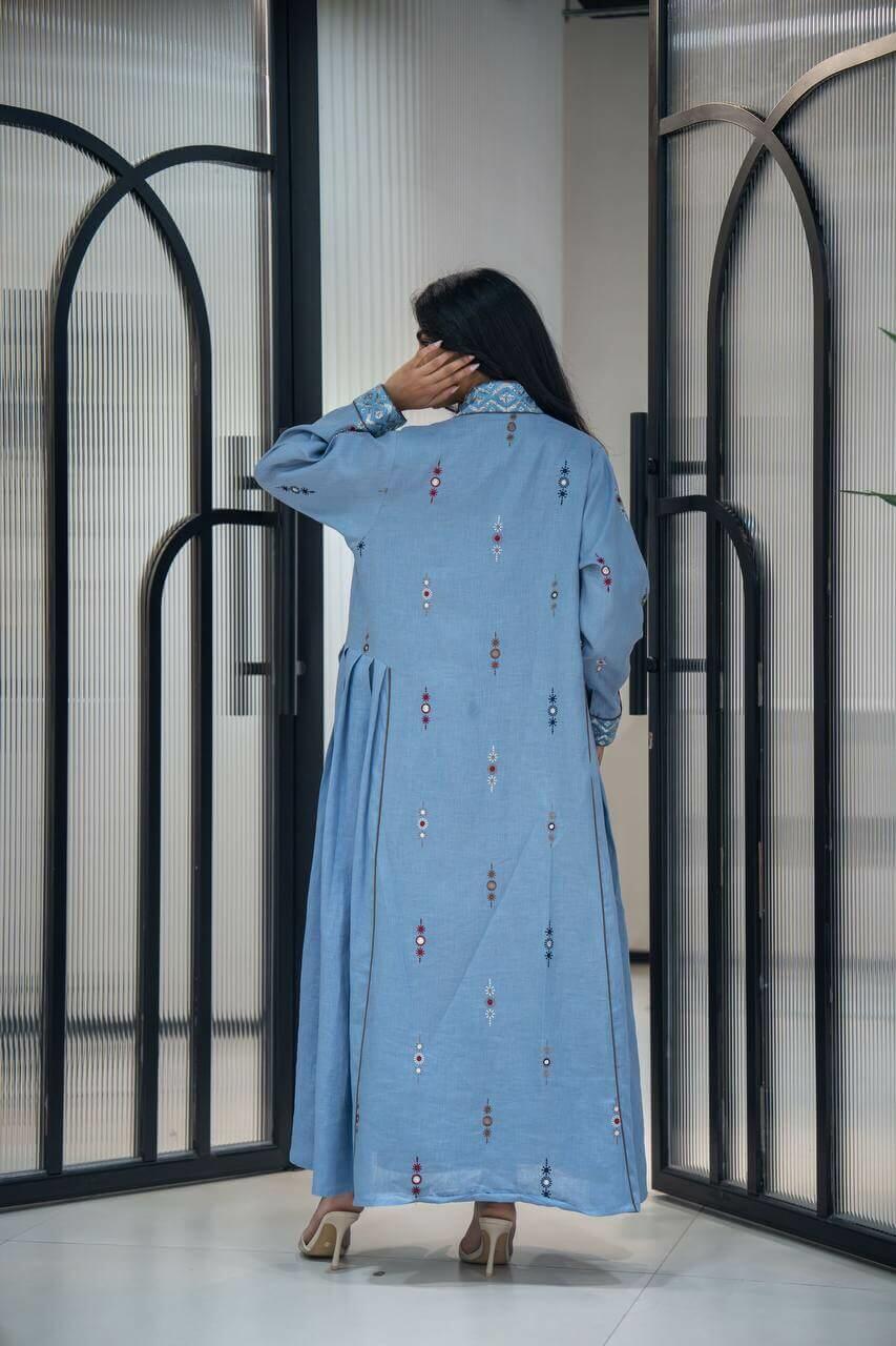 Sky blue linen abaya with embroidery