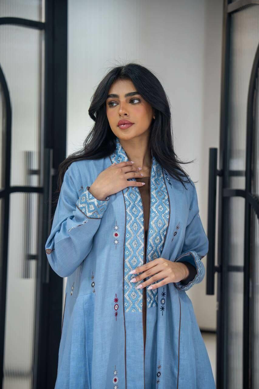 Sky blue linen abaya with embroidery