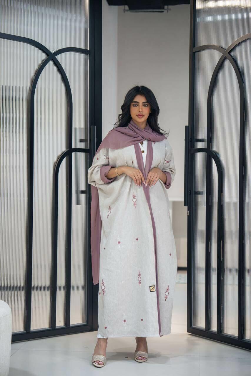 Light beige linen abaya with embroidery-free size