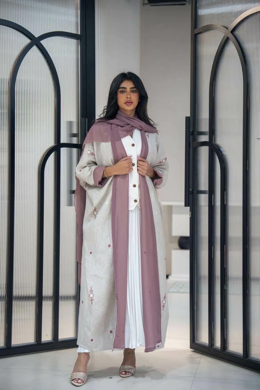 Light beige linen abaya with embroidery-free size