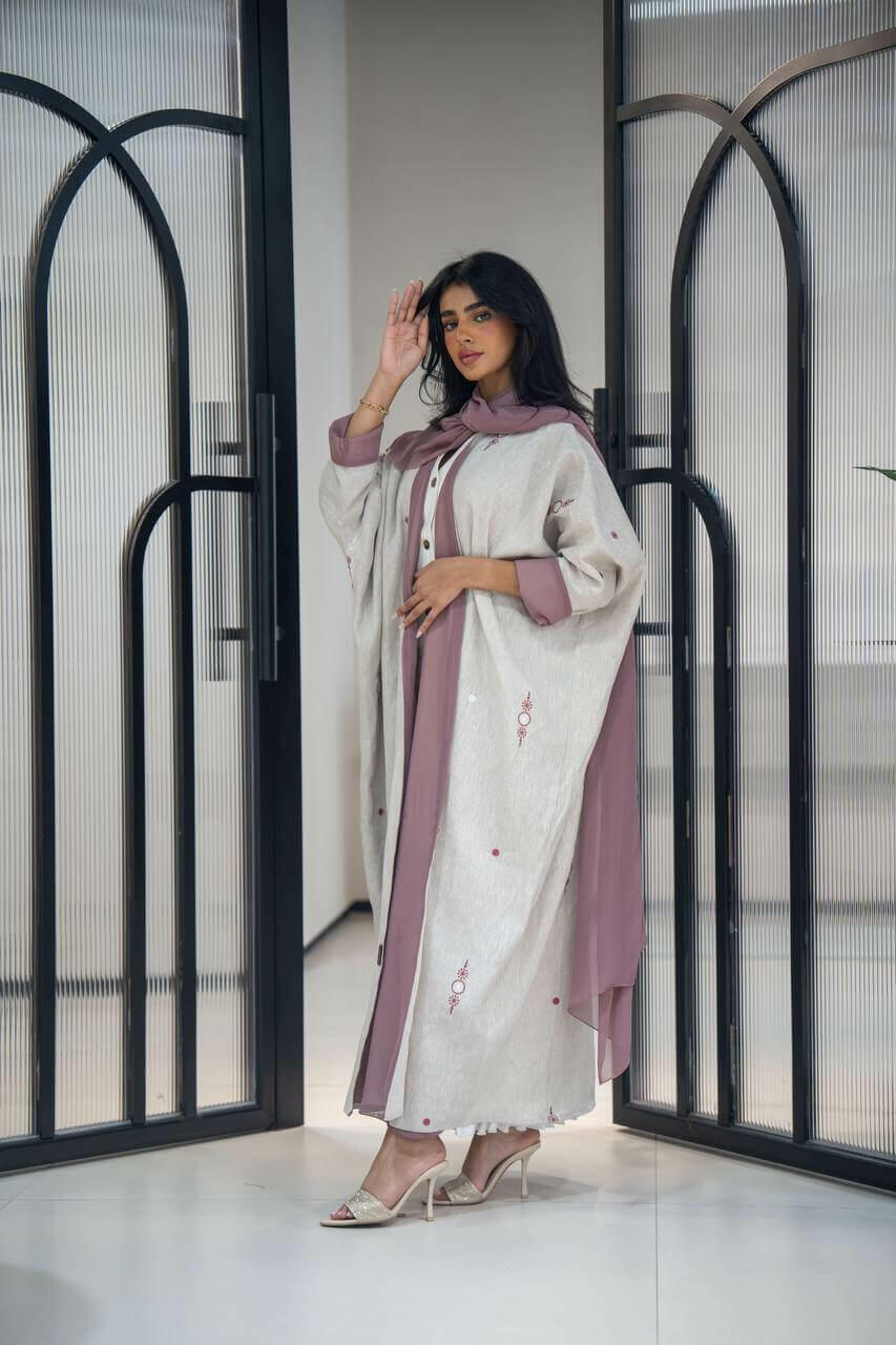 Light beige linen abaya with embroidery-free size