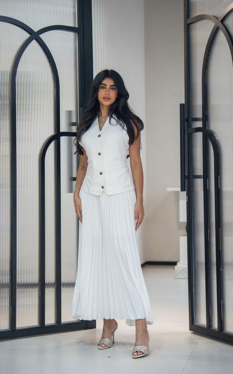 White crepe with linen dress
