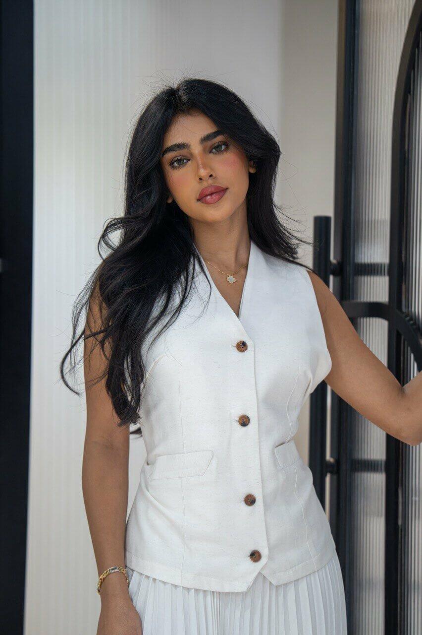 White crepe with linen dress