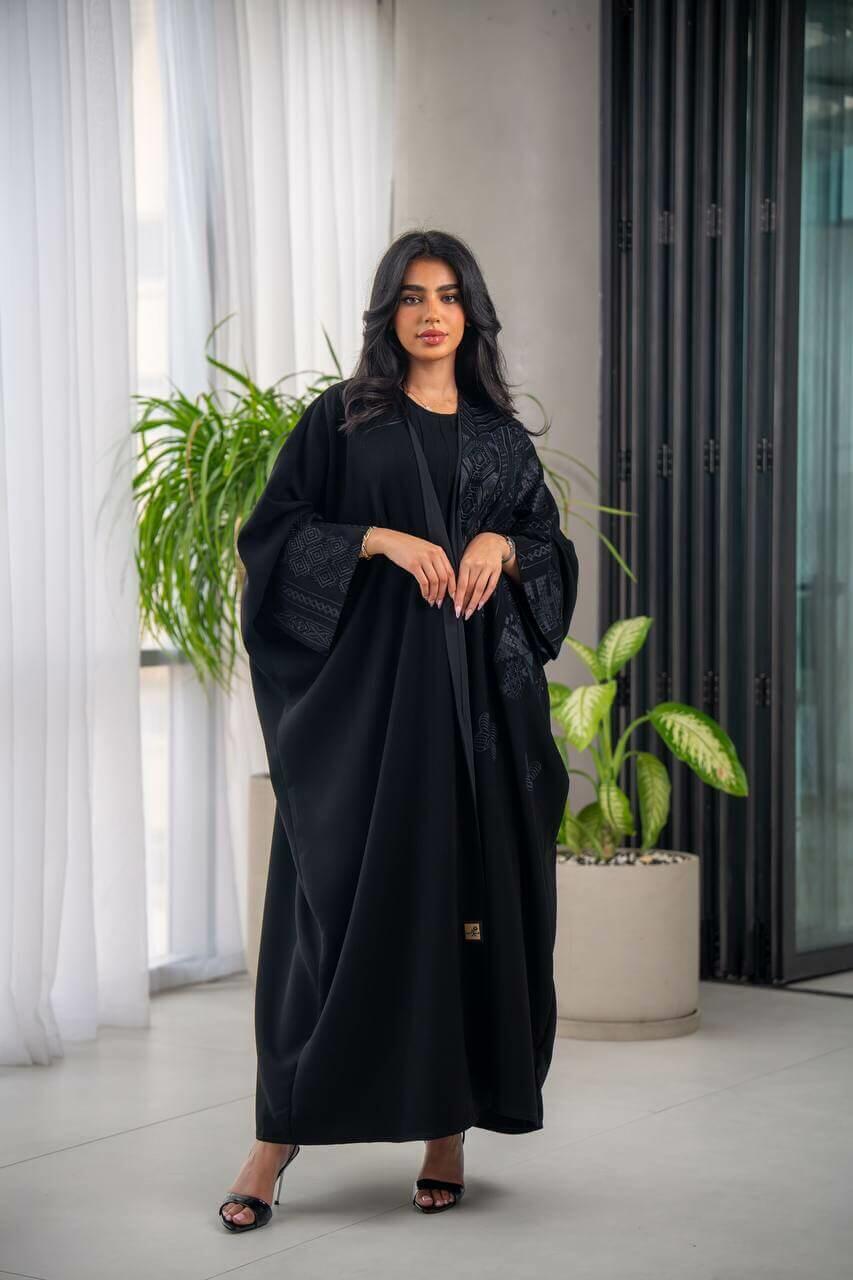 Black cuban crepe abaya with embroidery-free size