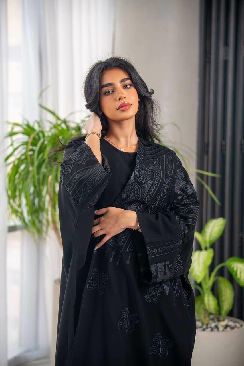 Black cuban crepe abaya with embroidery-free size