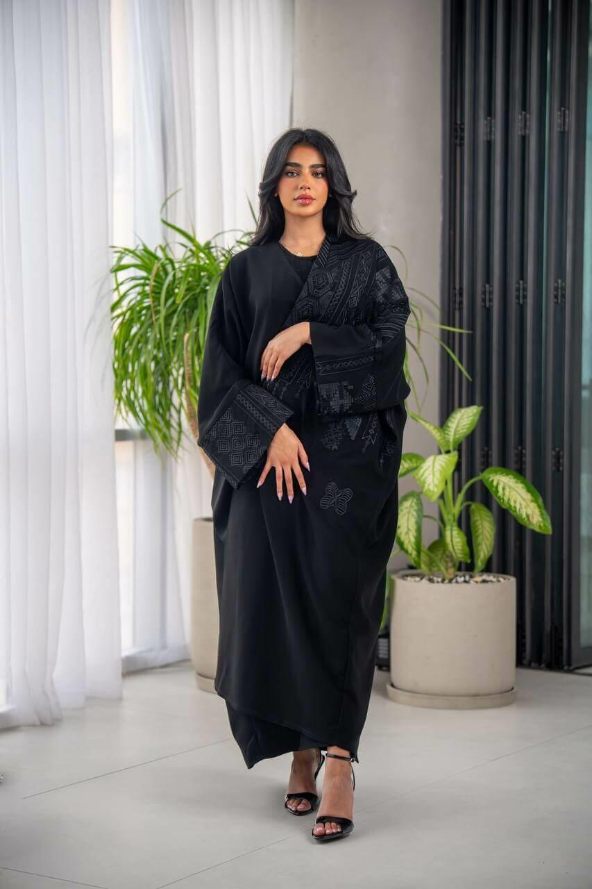 Black cuban crepe abaya with embroidery-free size