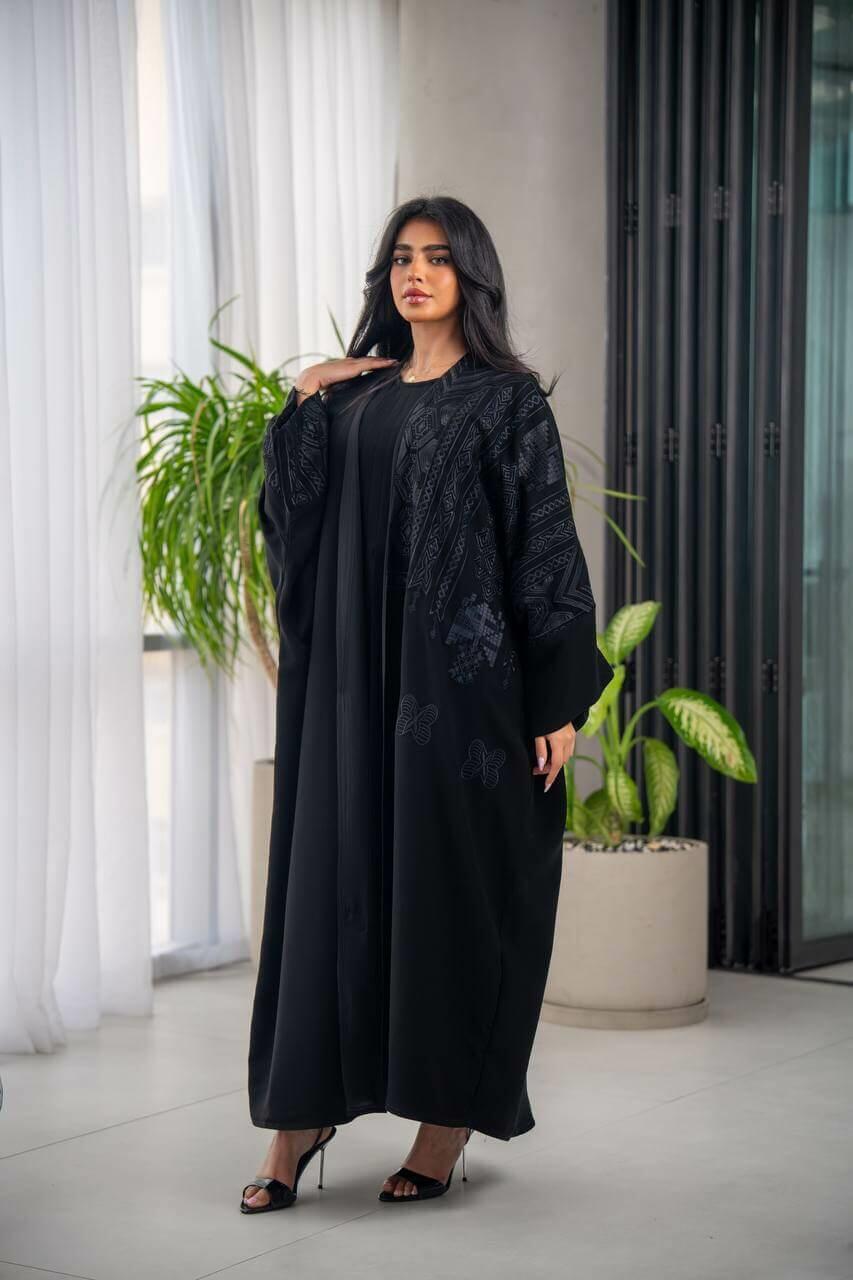 Black cuban crepe abaya with embroidery-free size