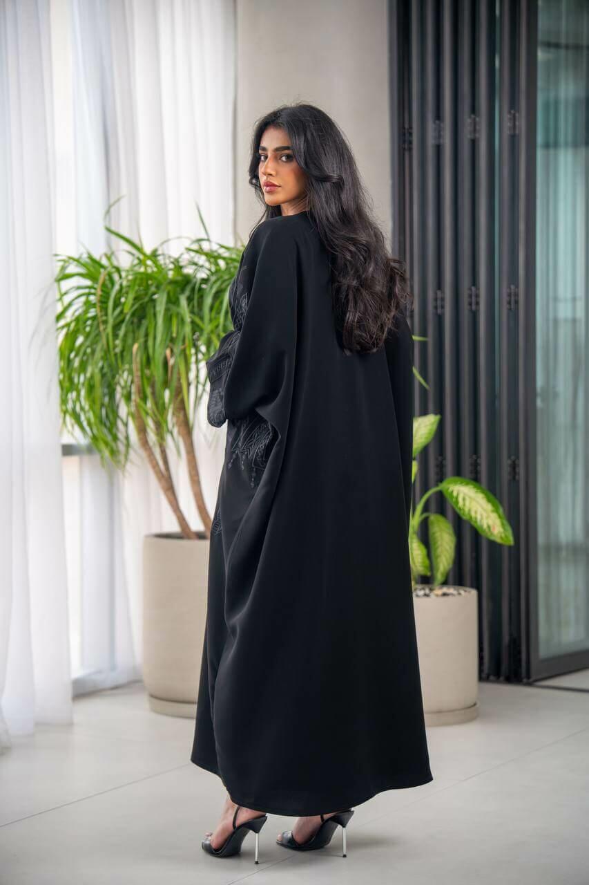 Black cuban crepe abaya with embroidery-free size